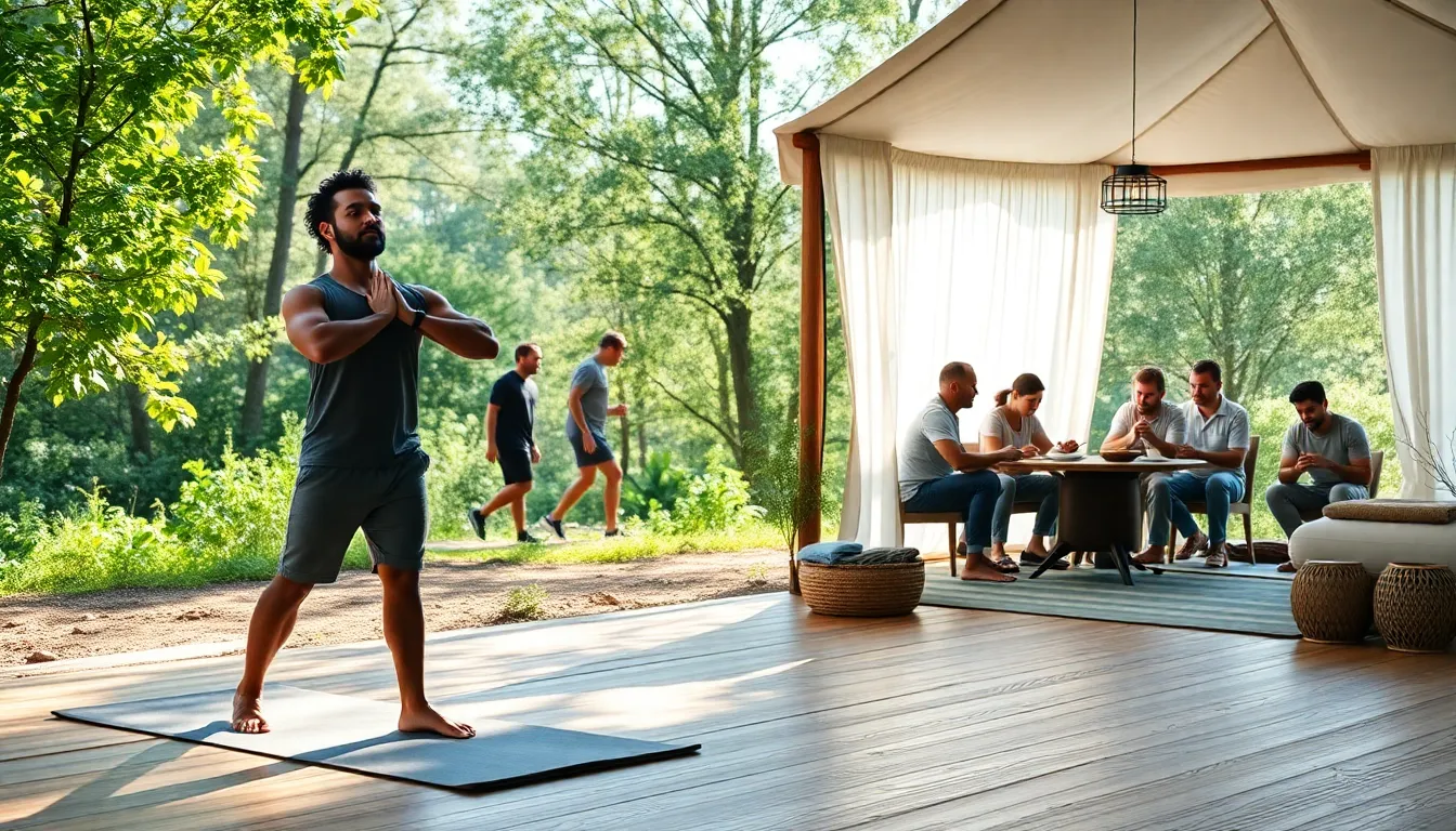 men participating in yoga and hiking at a wellness retreat.