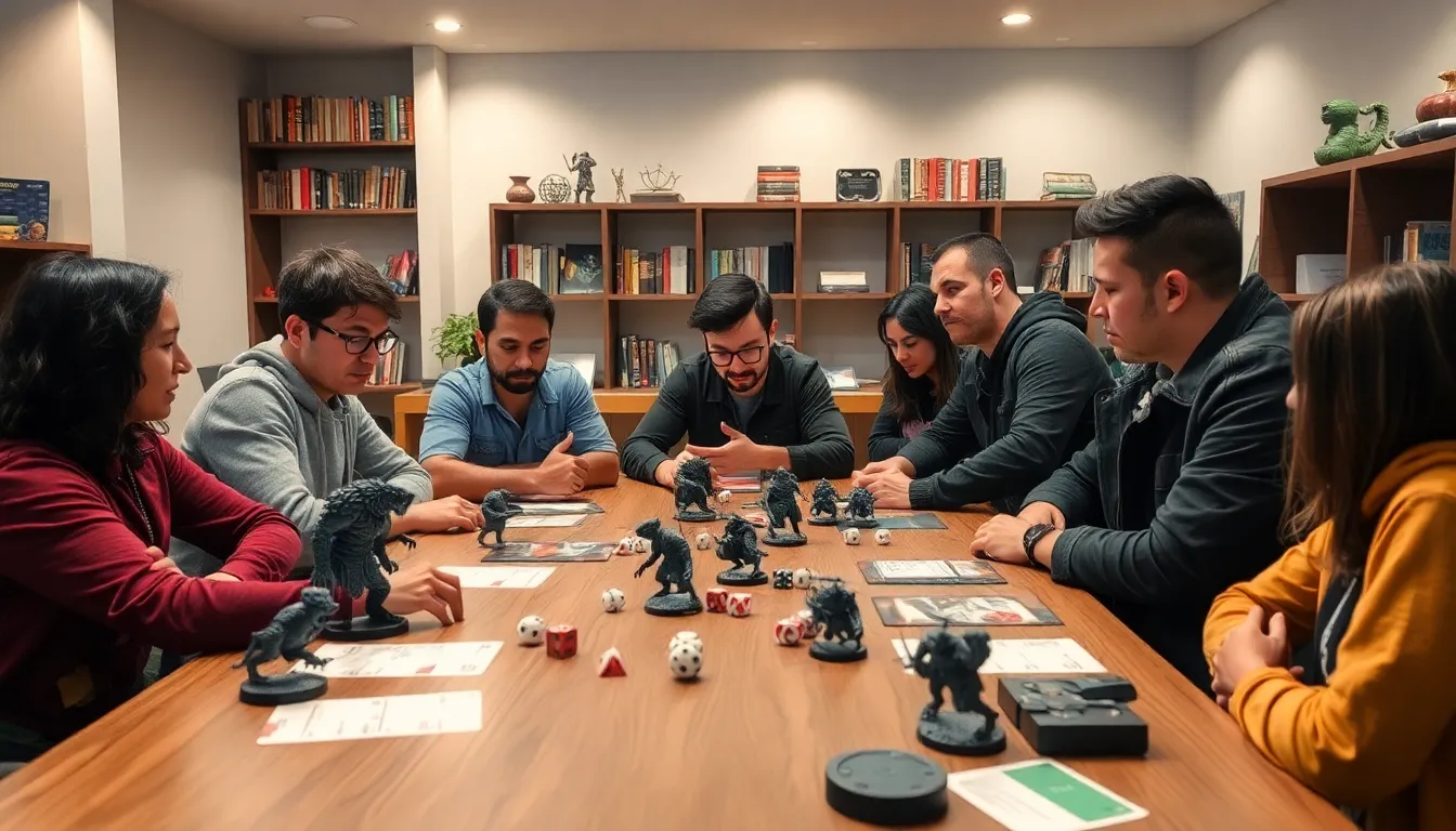 diverse group playing Zweihander RPG in a modern game room.