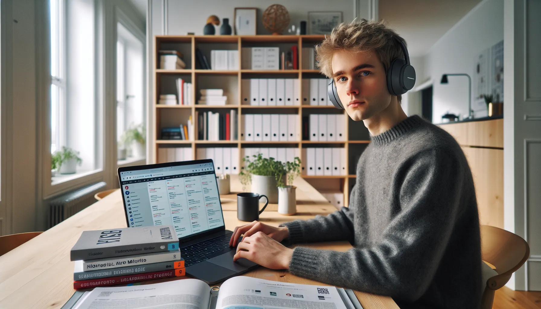 Norwegian student studies online using ndla and university platforms at home.