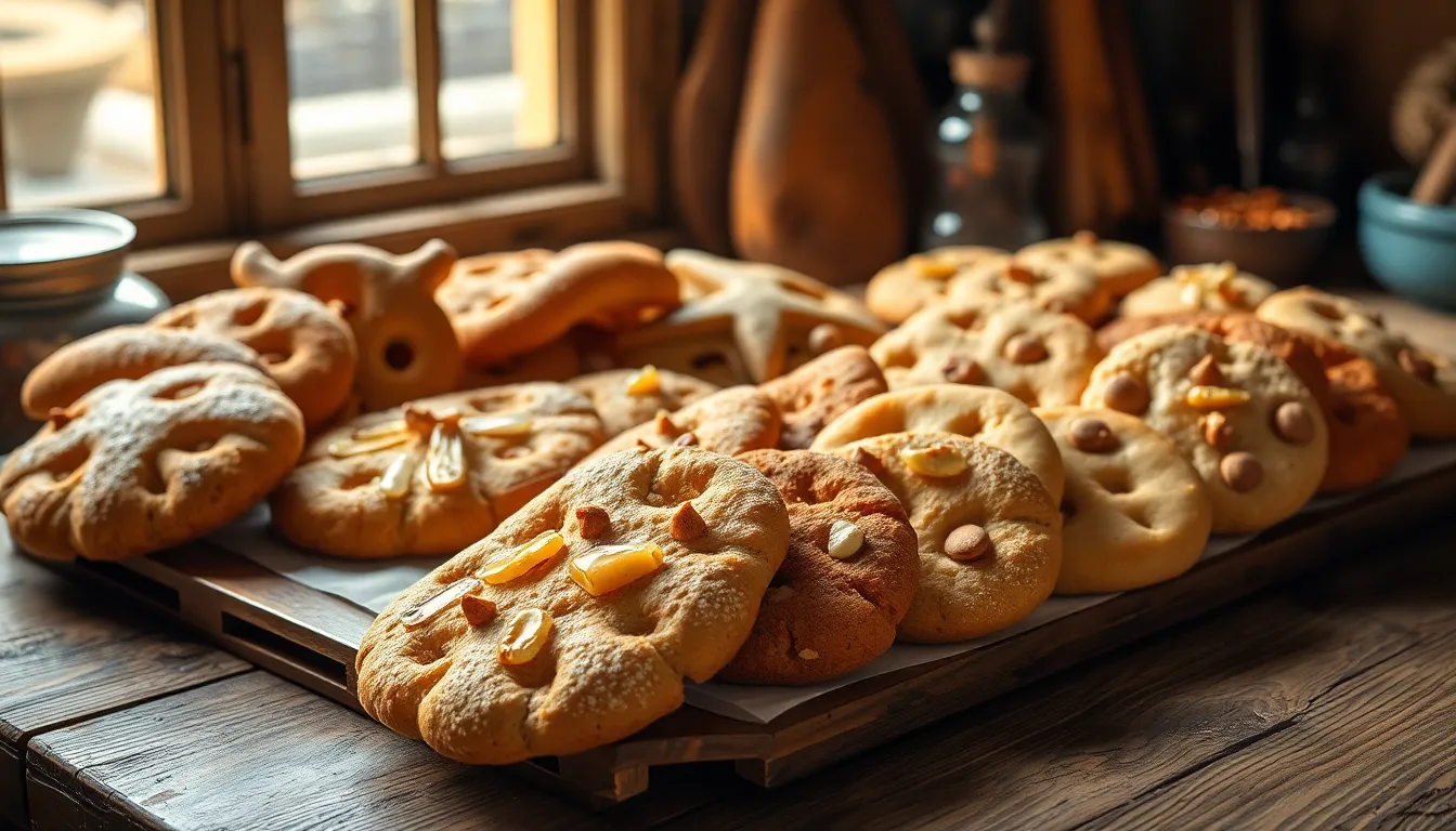 assorted bread cookies displayed on a rustic wooden table.