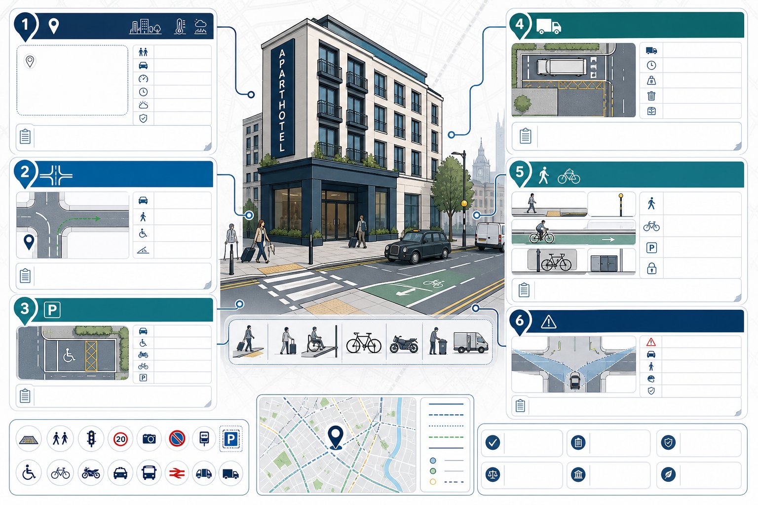 transport assessment infographic for an aparthotel showing access, parking, servicing, and safety.