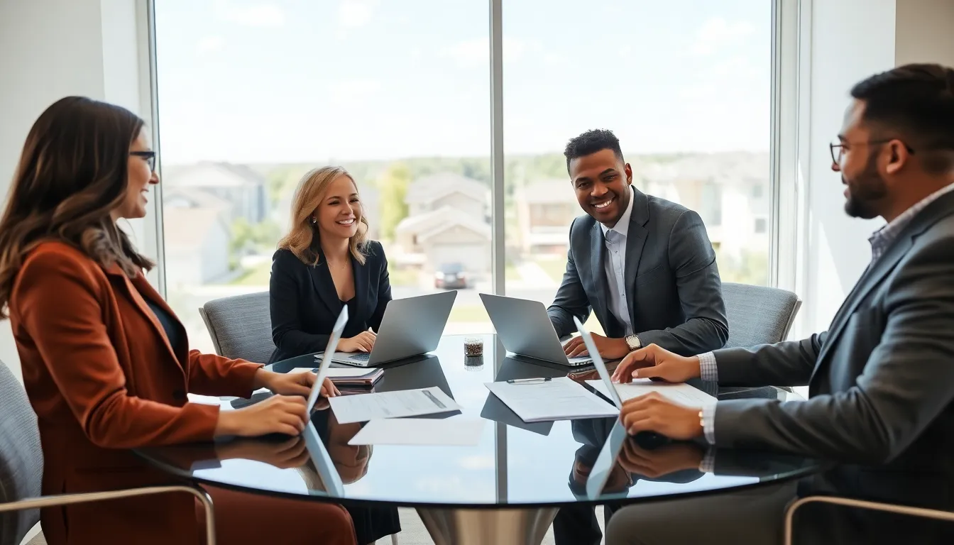 diverse team discussing FHA loans in a modern office.