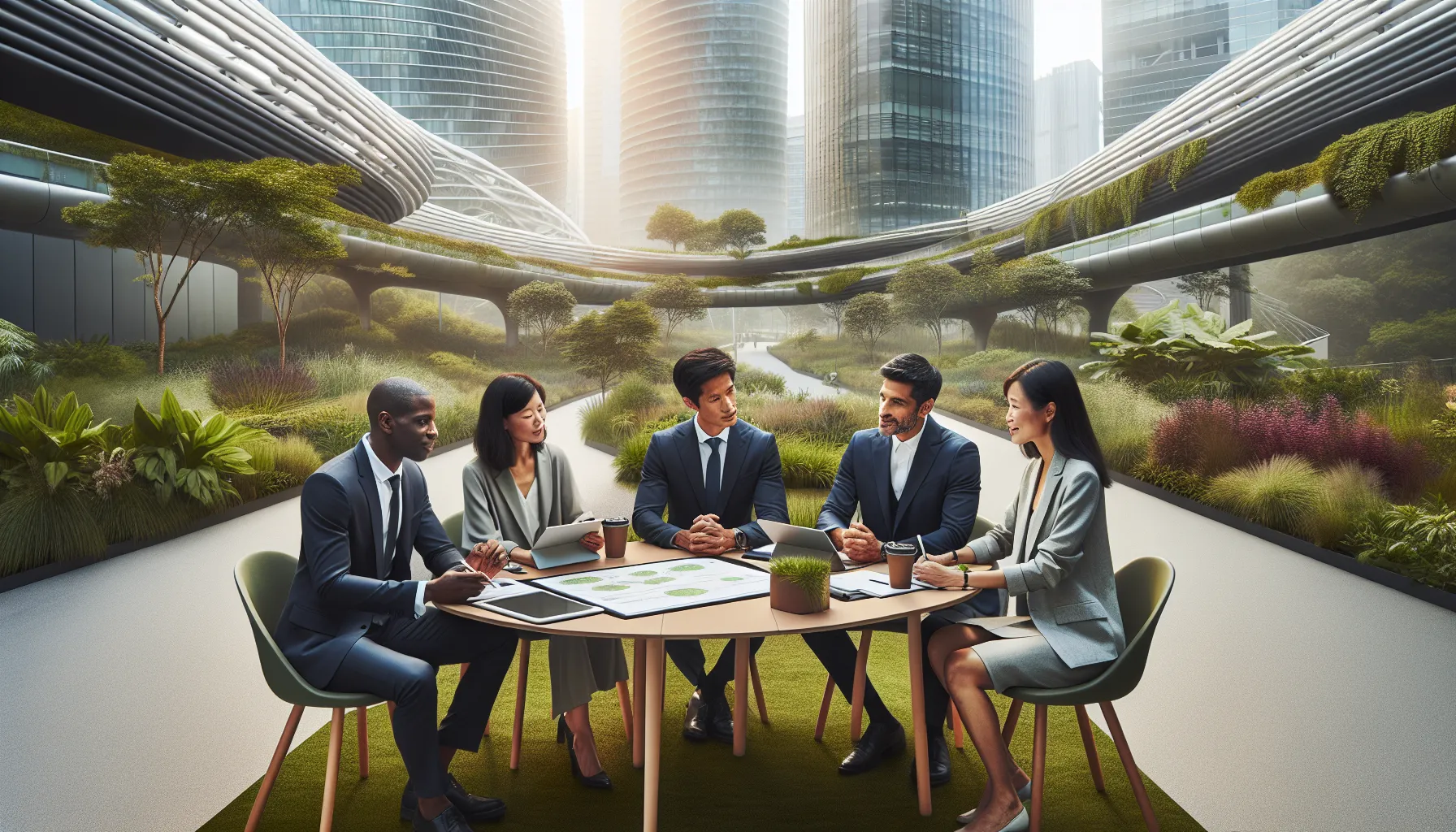 professionals discussing sustainability initiatives in an urban park.