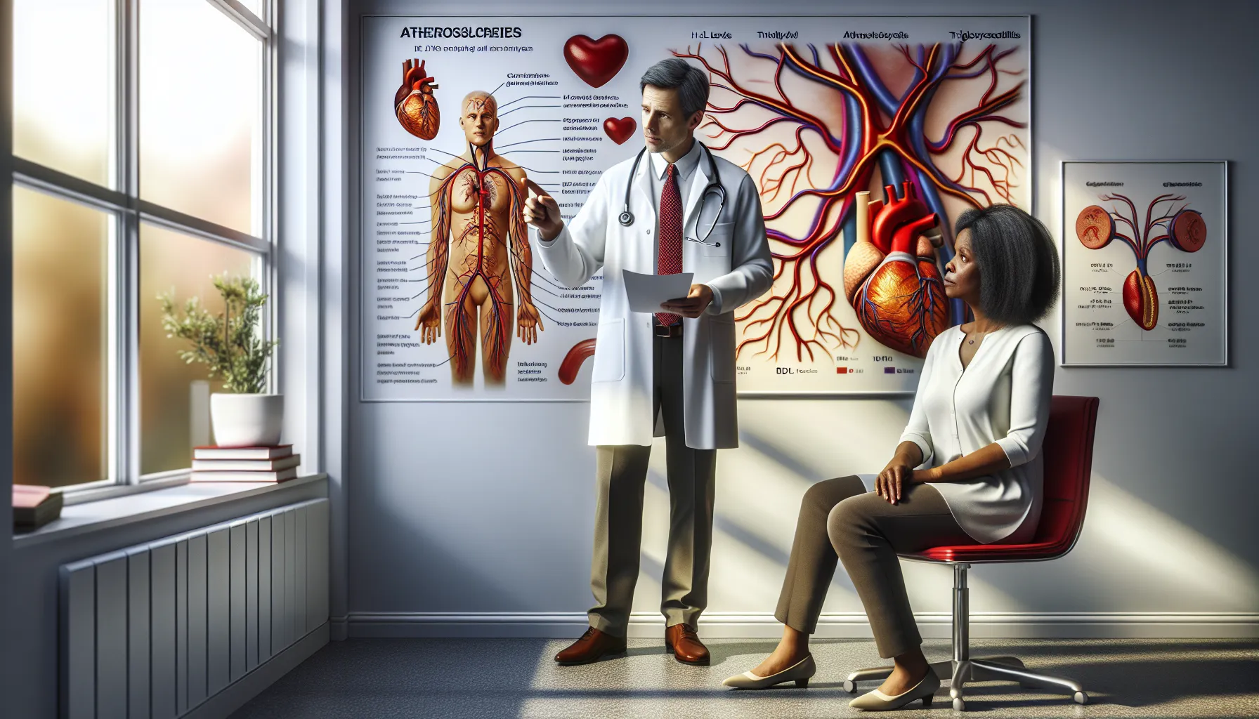 A doctor explaining heart health risks to a patient in a clinical setting.