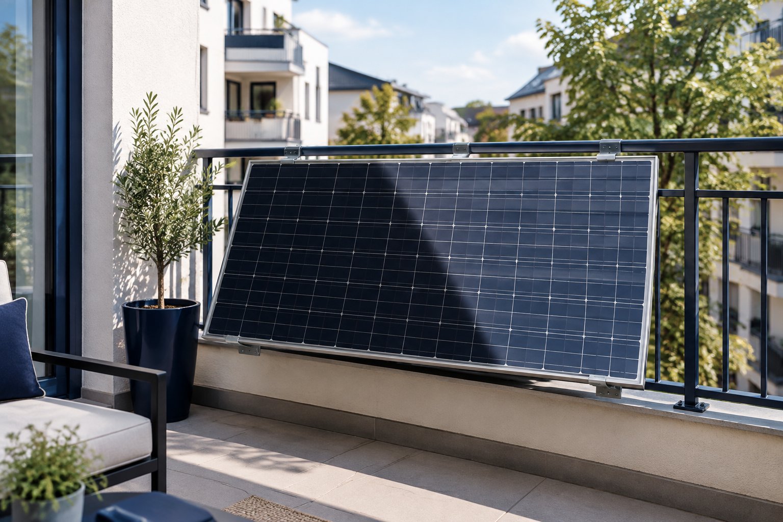 Teilweise vom Balkongeländer verschattetes Solarmodul an einem Wohnhaus