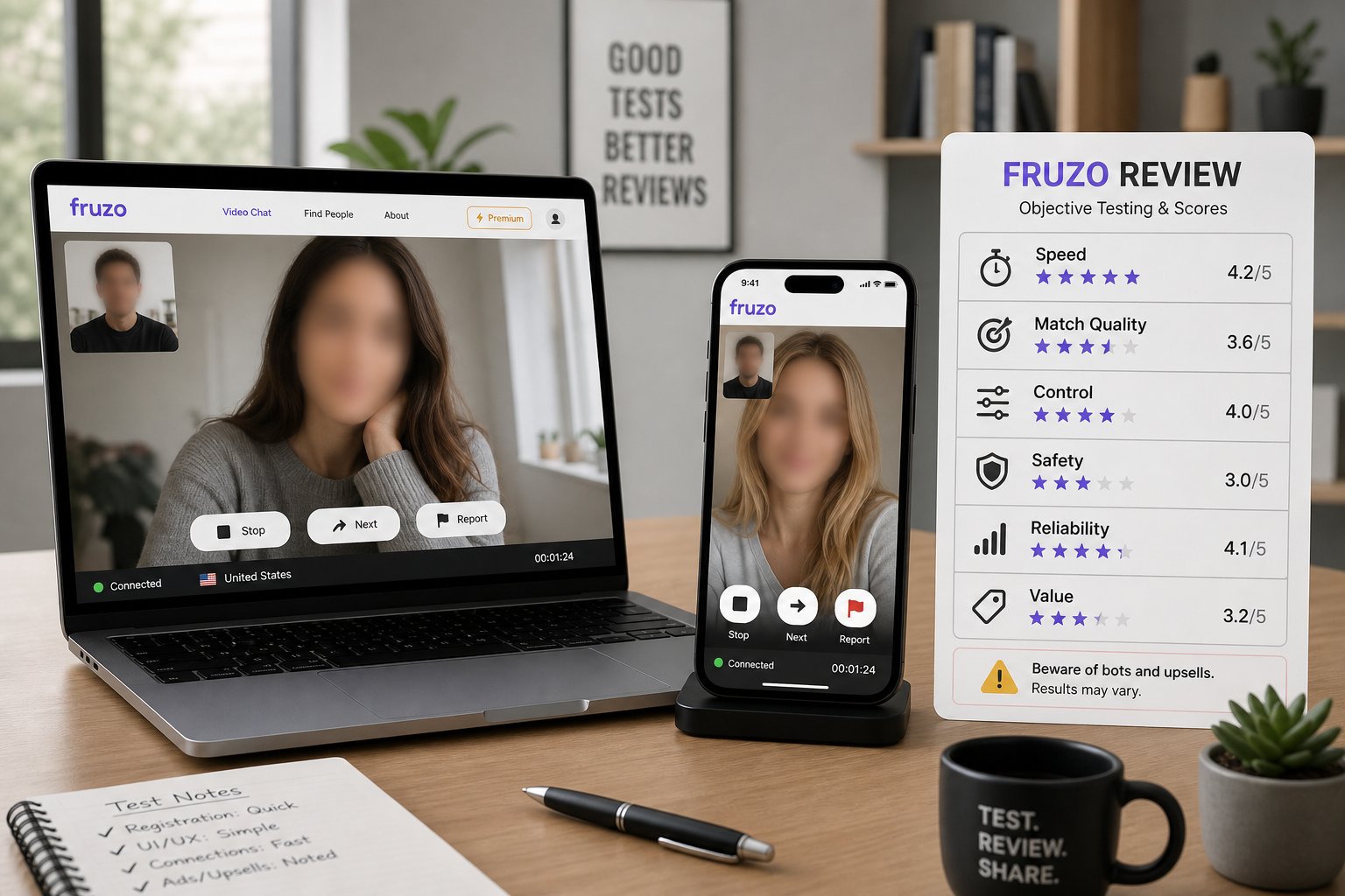 Laptop and phone showing video chat with a checklist of review criteria.