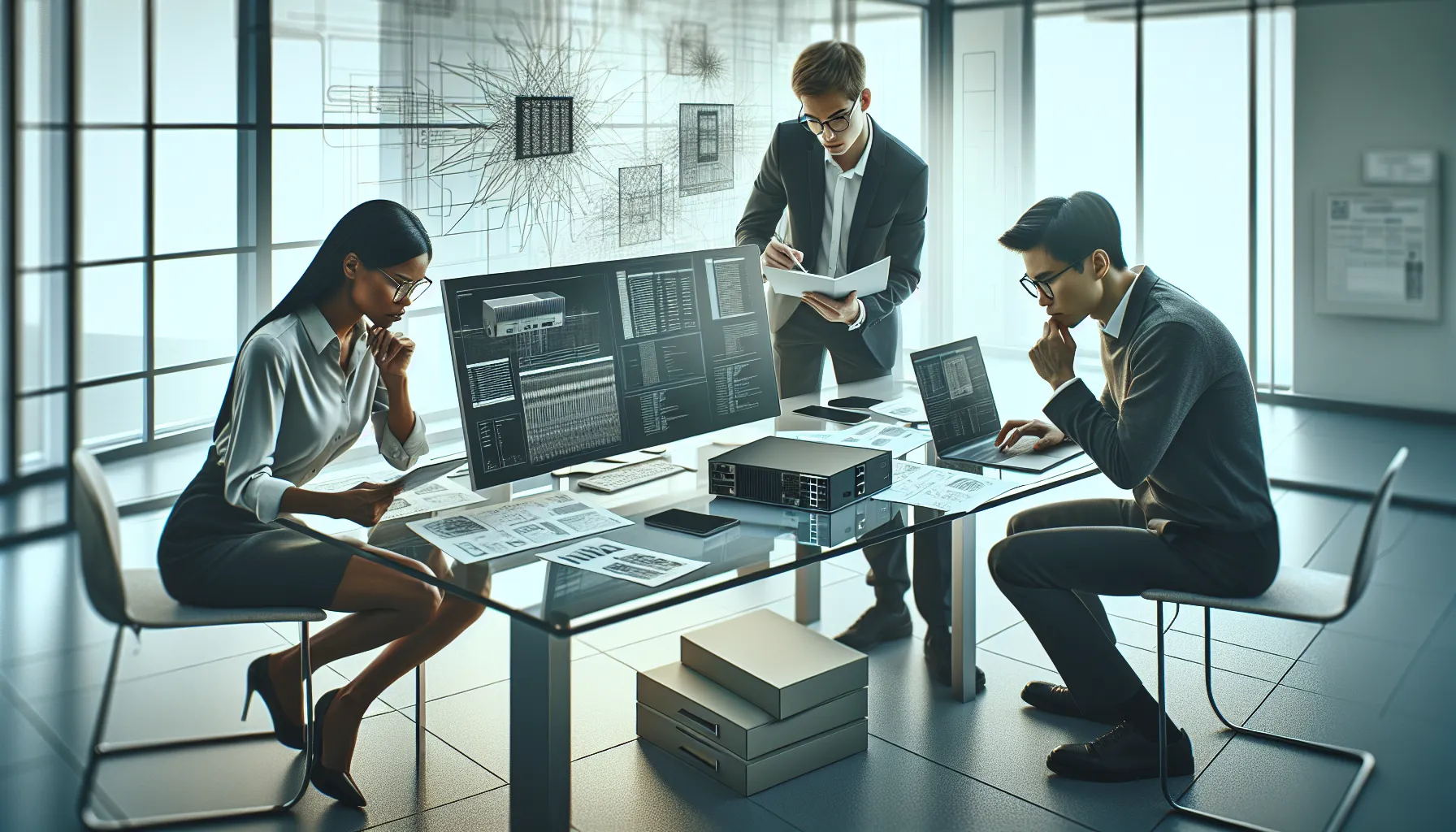 diverse team troubleshooting technology issues in a modern office.