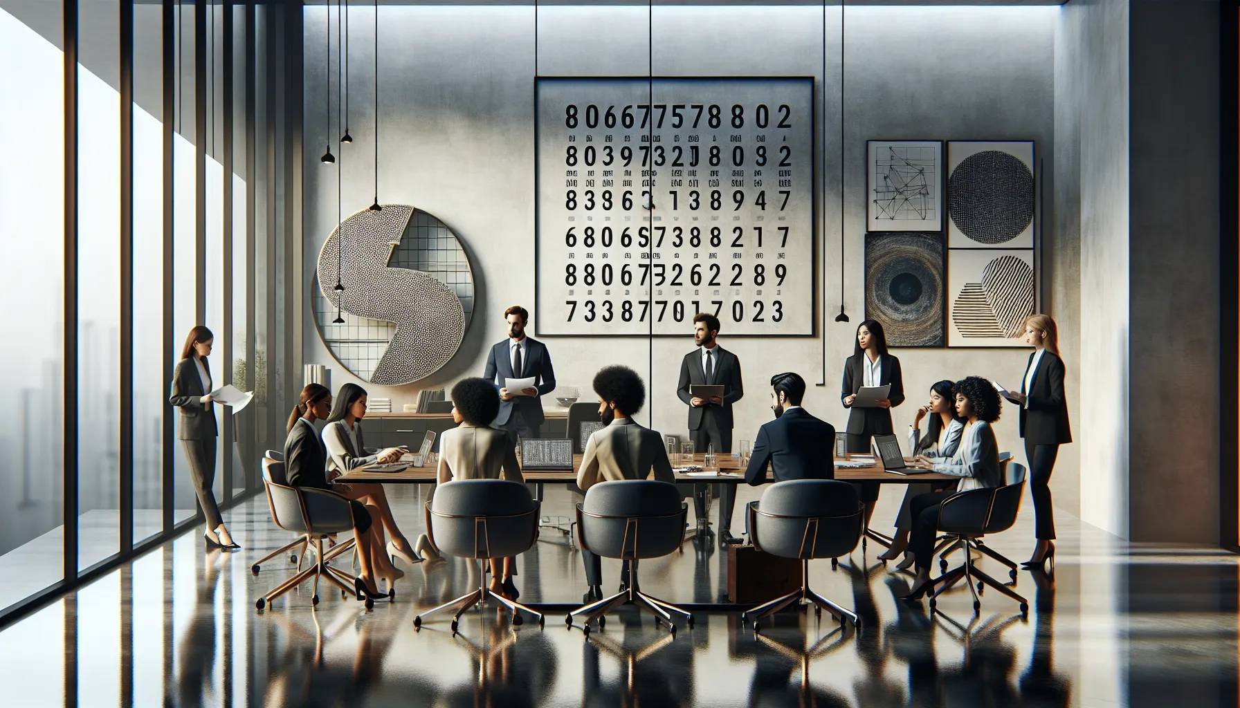 diverse team discussing cultural interpretations of numbers in a modern office.