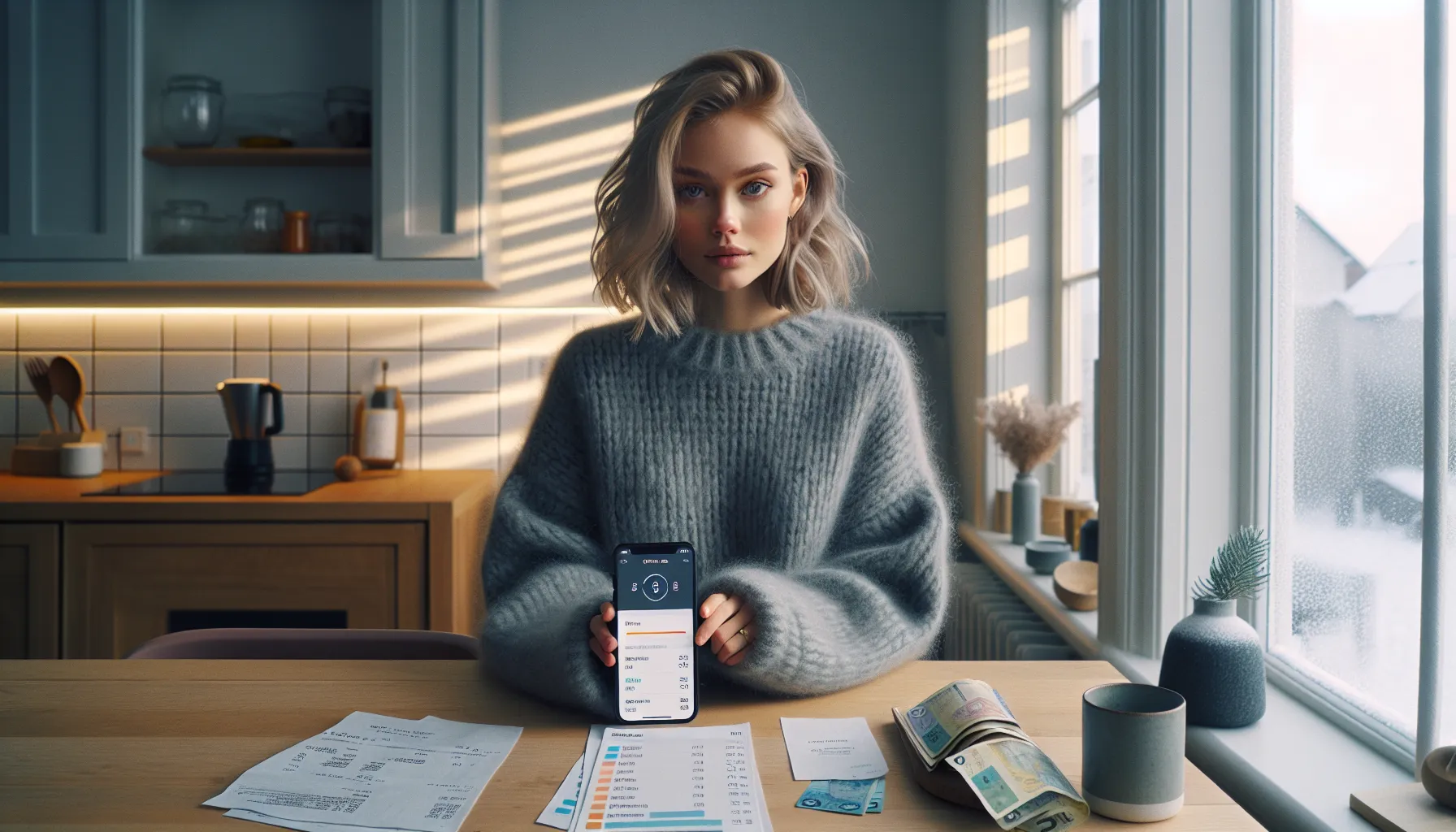 Norwegian woman reviews AI savings app with rules and expense alerts.