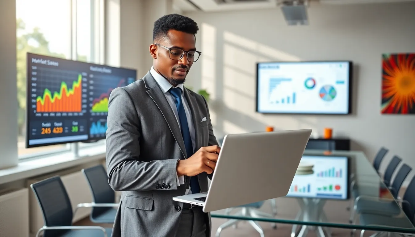 real estate professional analyzing market data in a modern office.