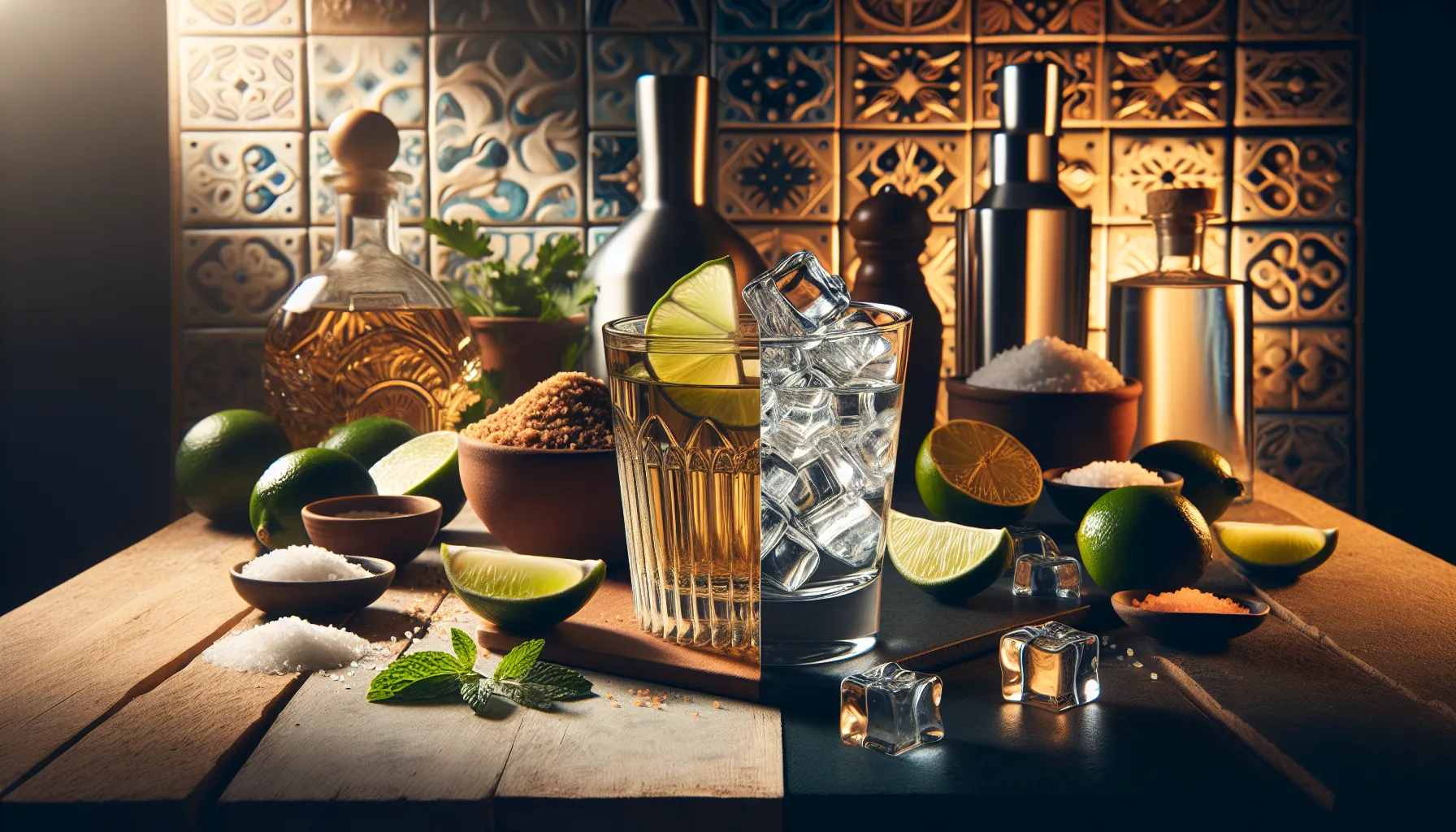 Tequila and vodka glasses with themed backgrounds representing their distinct origins.