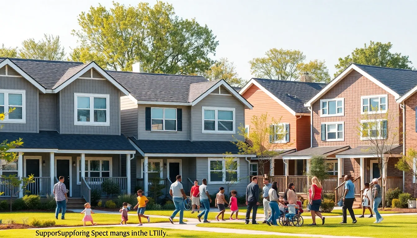 diverse community in front of affordable housing units.