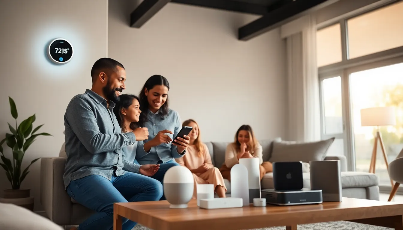 family interacting with smart home technology in a modern living room.