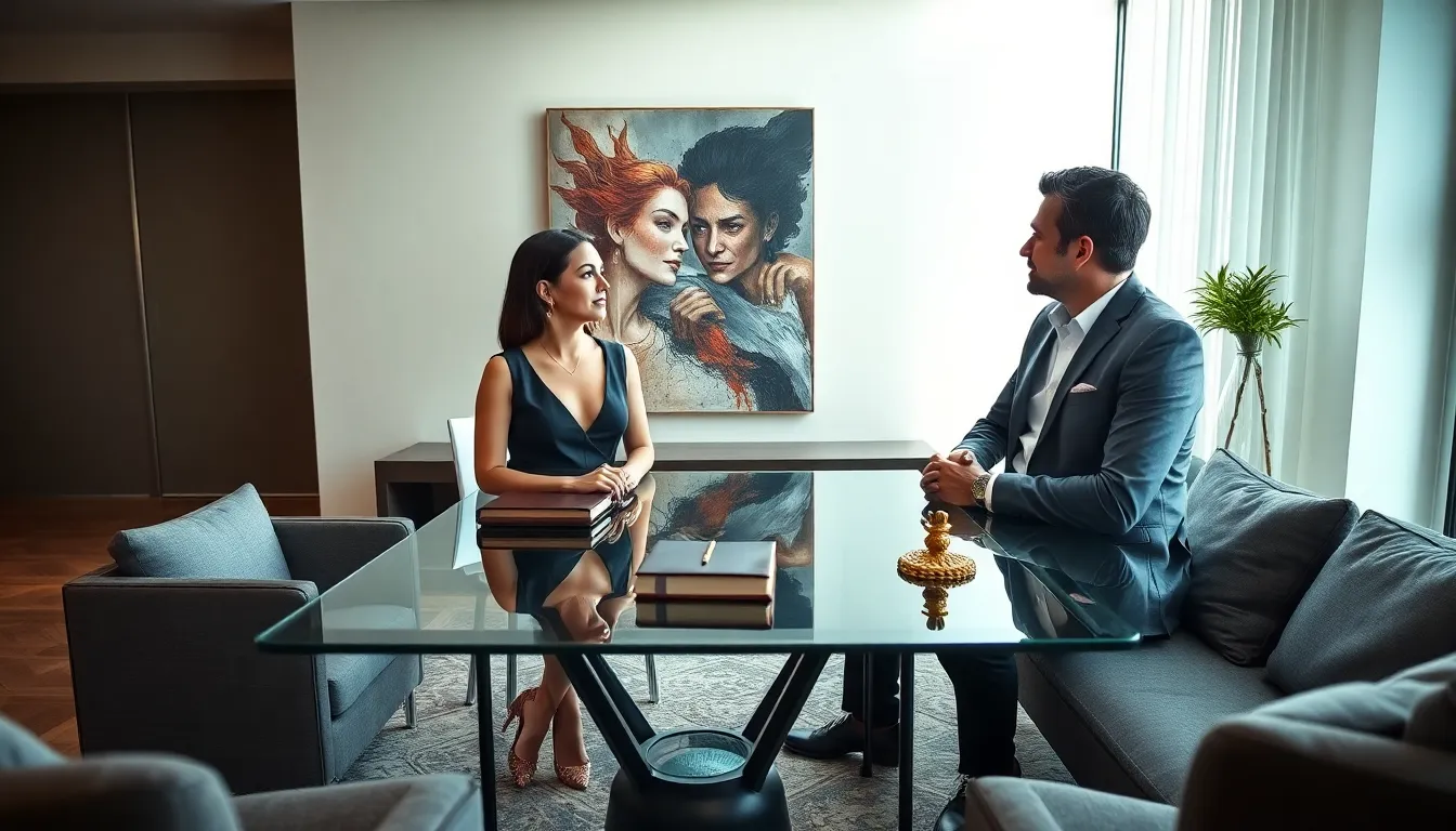 two diverse individuals discussing Gorean philosophy in a modern living space.