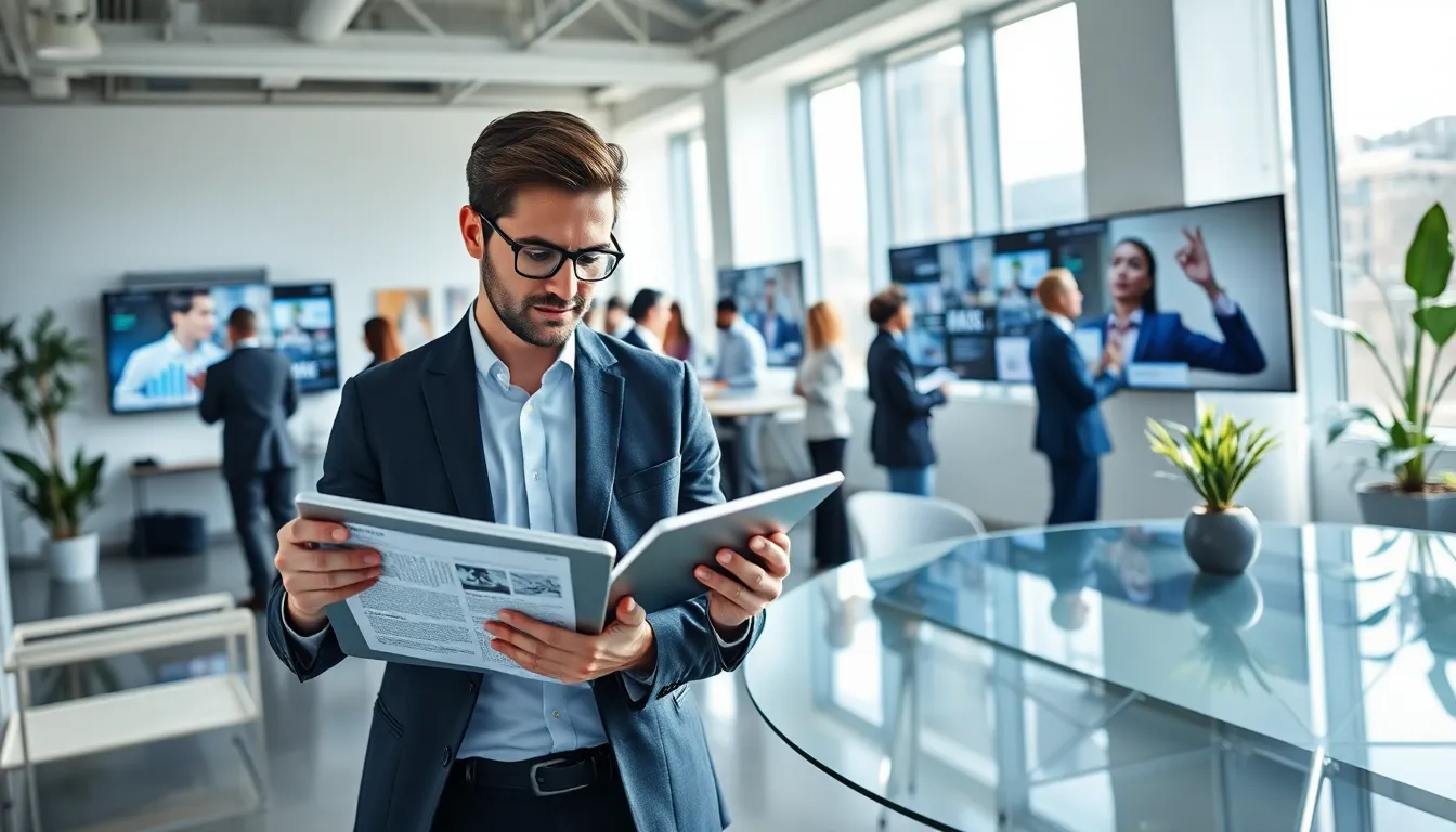 professionals analyzing business news in a modern office.