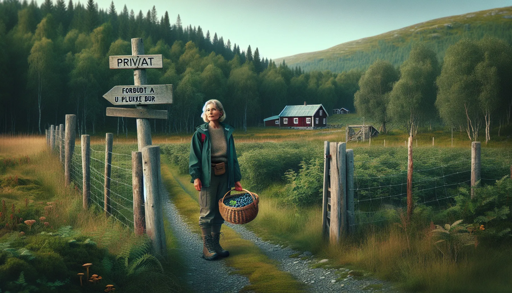 Slik planlegger du bærekraftige turer for sopp- og bærplukking 3 Woman berry picker in rural norway reading a private property no-picking sign.