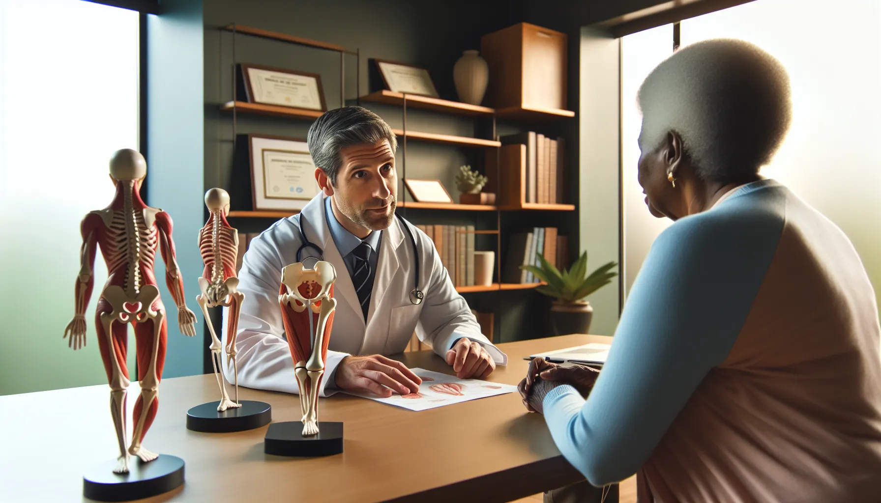 A doctor consults with a patient about hip and knee replacement options.