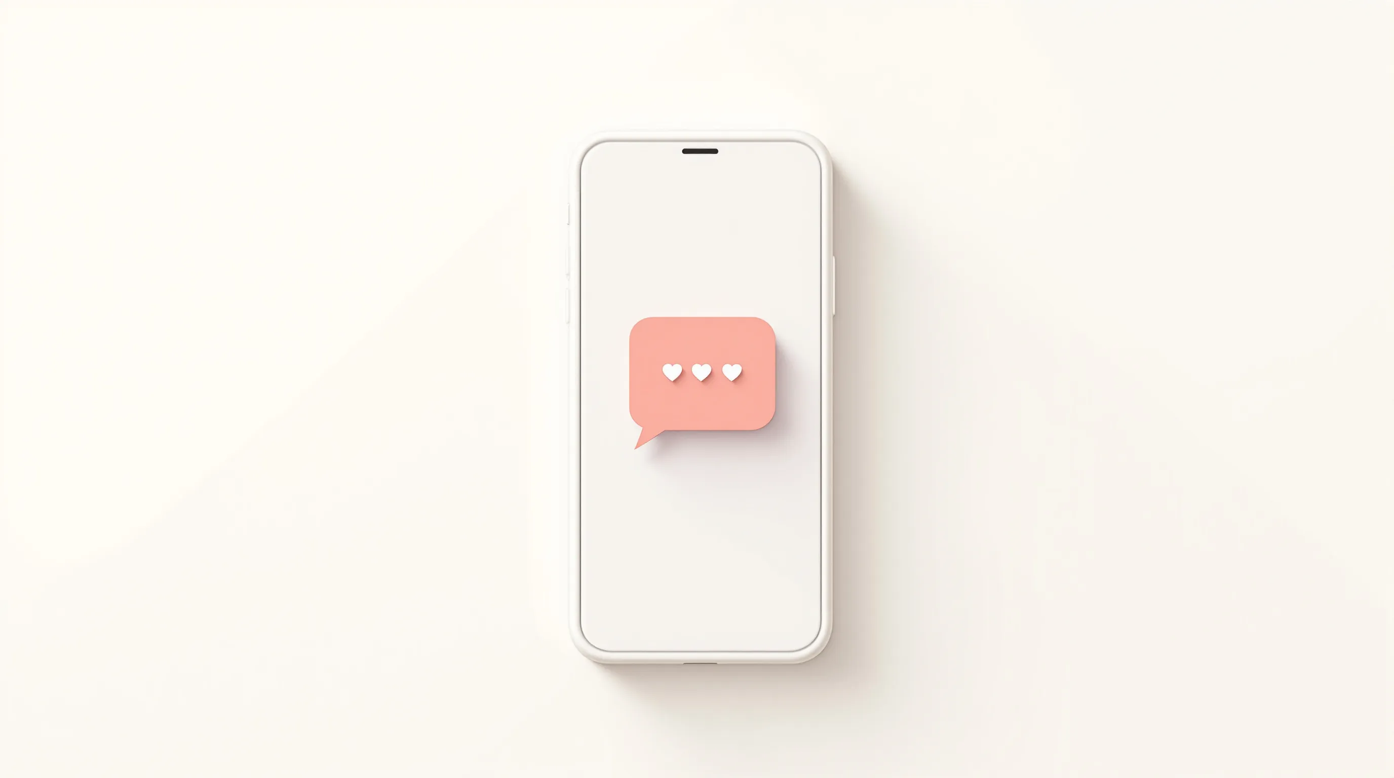 Minimalist smartphone with heart speech bubble on clean white background.