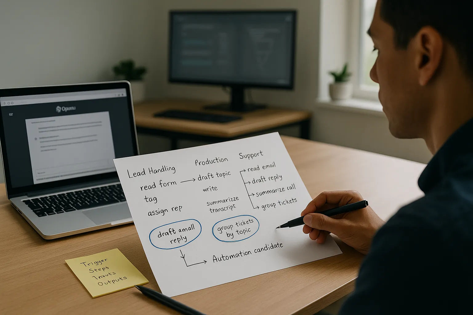 Office worker mapping a text-heavy workflow on paper before using OpenAI automation.