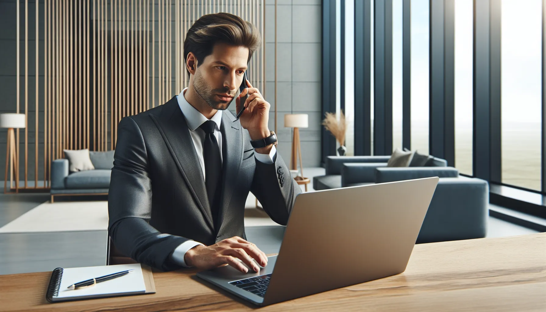 business professional discussing number verification in a modern office.