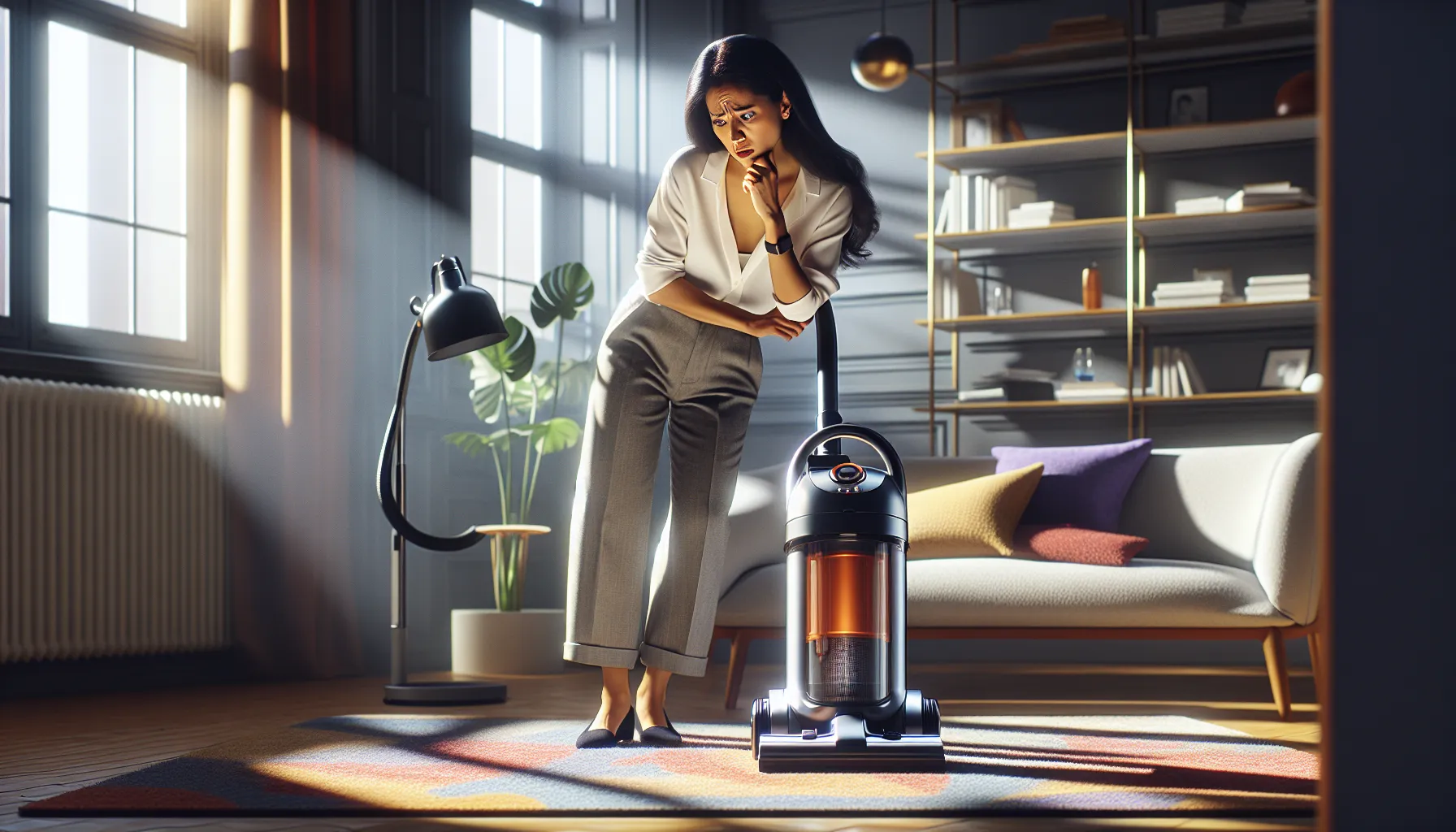 Shark Vacuum Only Runs When Tilted Back: Here’s Why and What to Do 8 Frustrated person examining a Shark vacuum in an elegant living room.