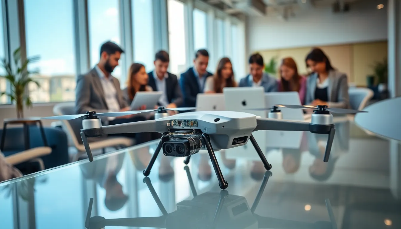 diverse team collaborating on drone technology in a modern workspace.