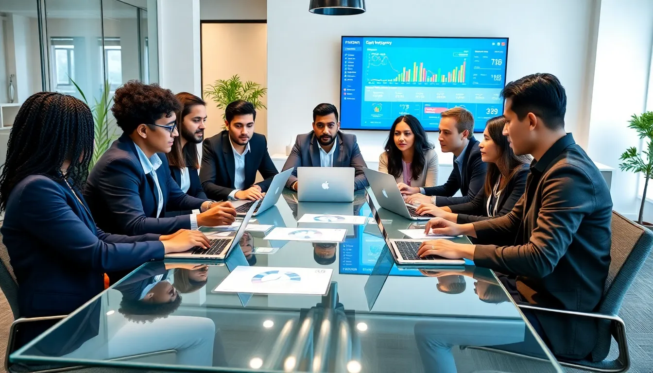 diverse designers collaborating on fintech interfaces in a modern office.