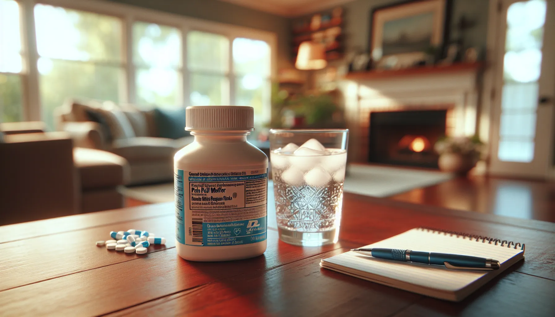 two medicine bottles on a table in a cozy living room setting.