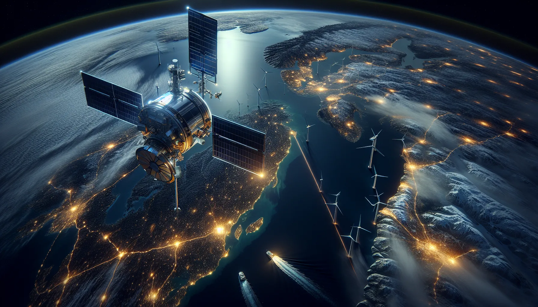 Satellite over northern norway monitoring offshore energy infrastructure in winter night.