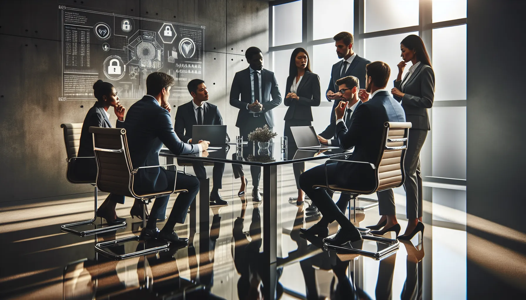 team discussing security measures in a conference room.