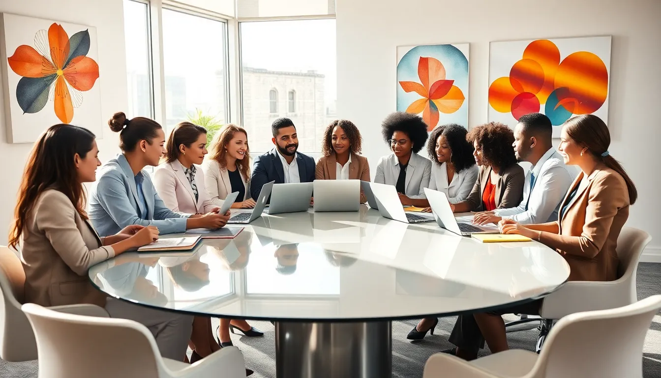 diverse team collaborating in a modern office setting.