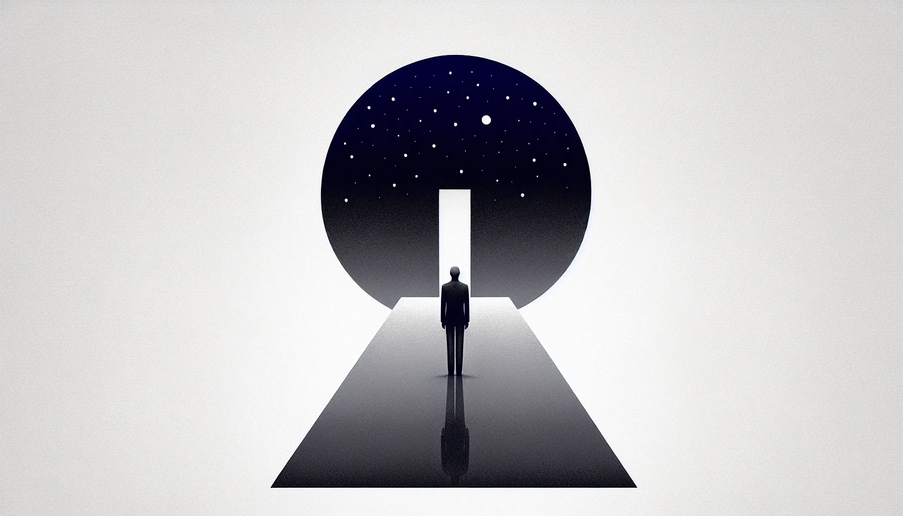 A solitary figure contemplating night sky, path, and mirror in minimal style.