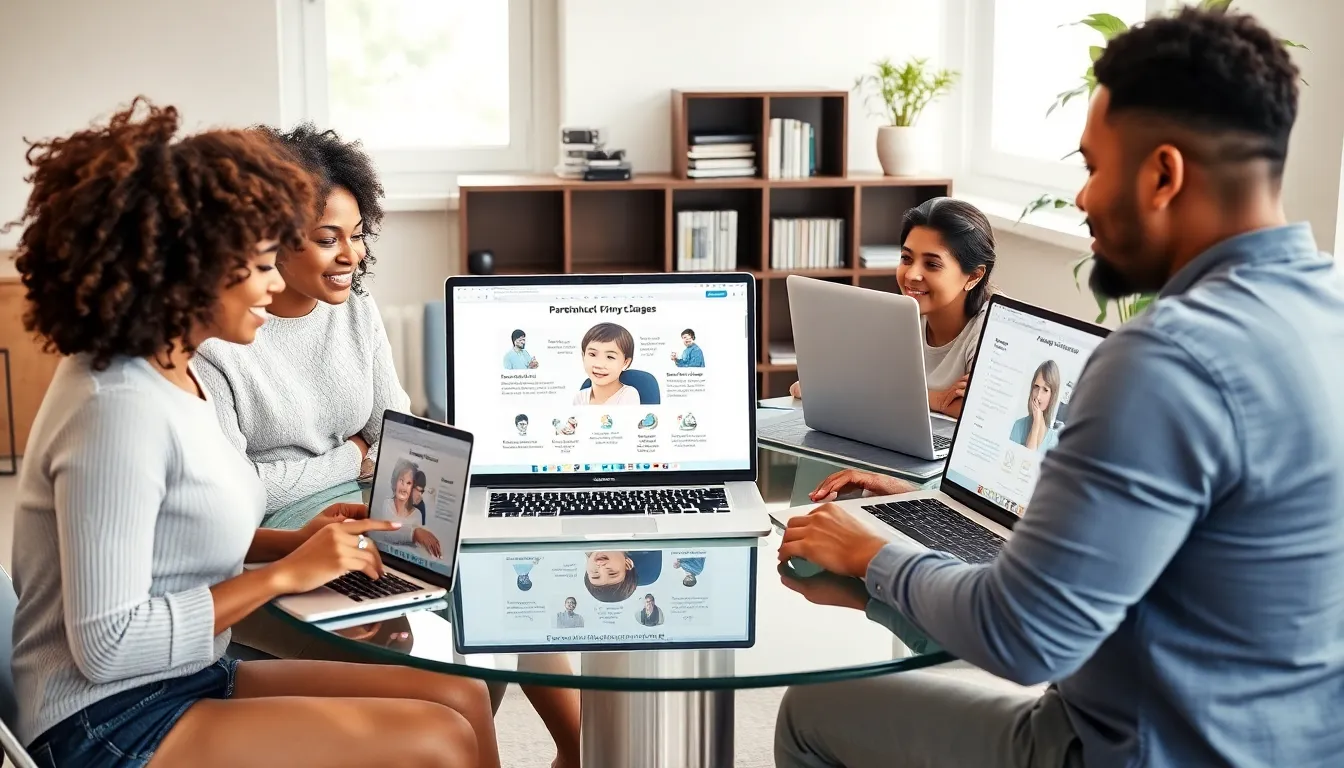diverse parents participating in an online parenting class at home.