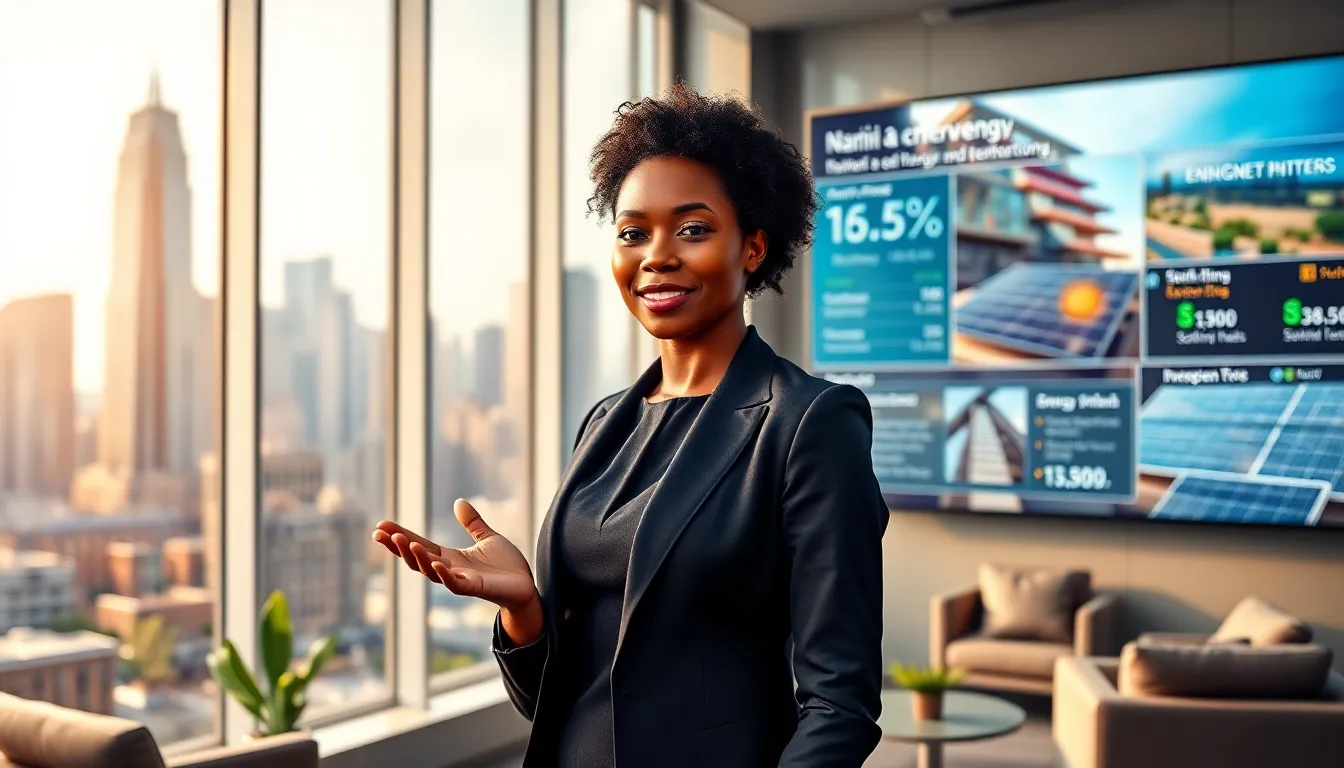 Naomi Bennett standing in a modern office, promoting renewable energy solutions.