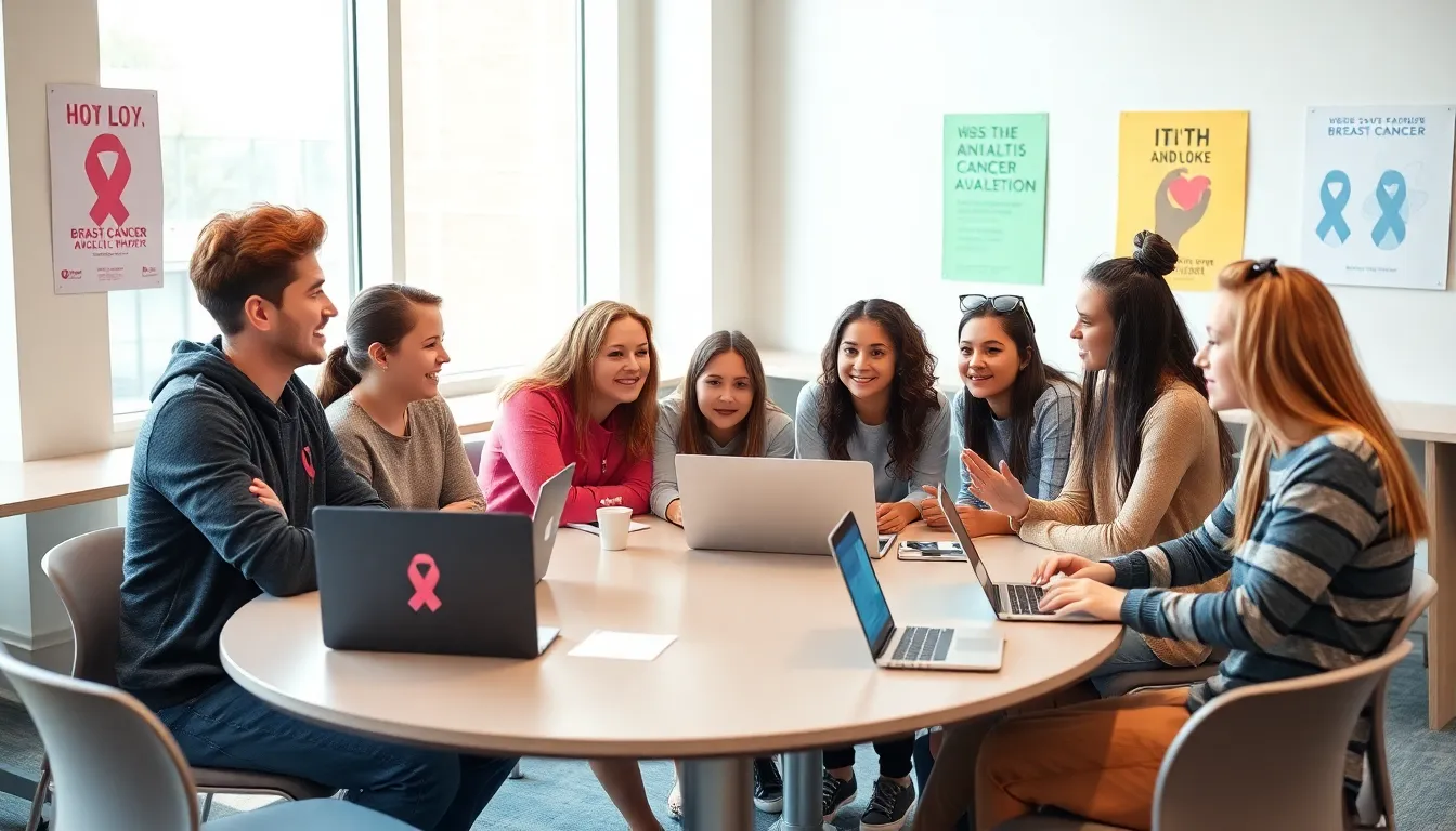diverse teenagers discussing breast cancer awareness in a classroom.