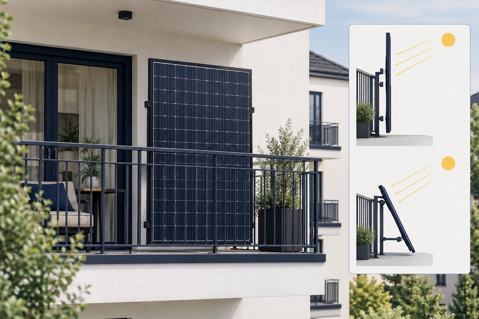 Senkrechte und geneigte Montage von Solarmodulen am Balkongeländer