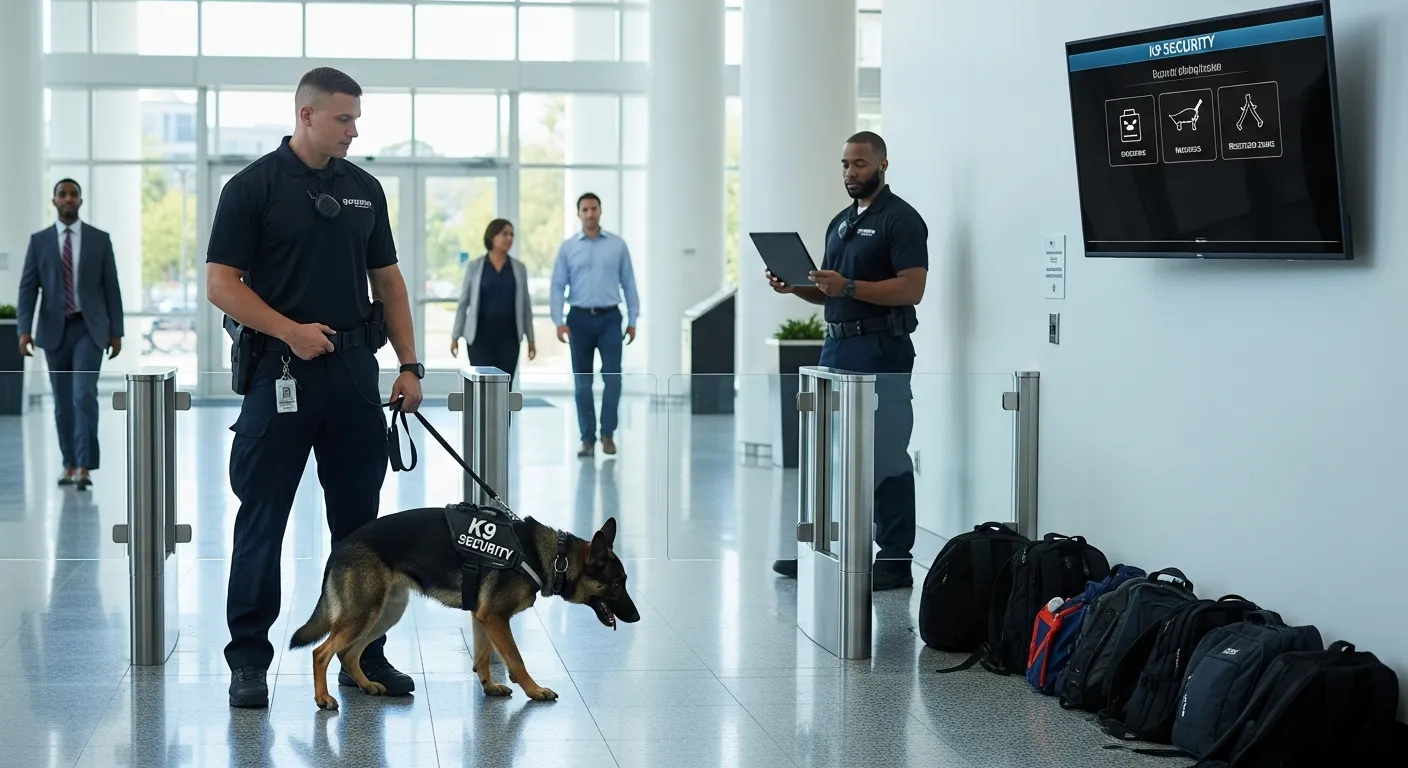 K9 security handler with trained dog inspecting bags in a modern corporate lobby.