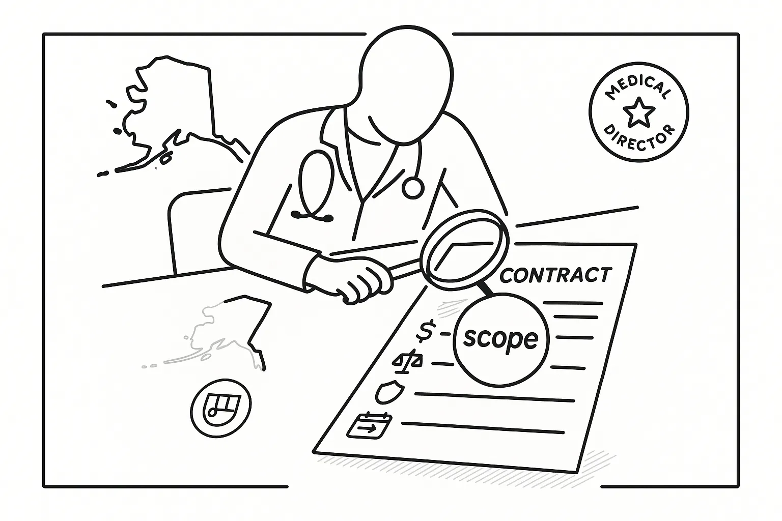 Physician assistant examining a contract with magnifying glass and Alaska outline of Alaska Physician Assistant Contract Review.