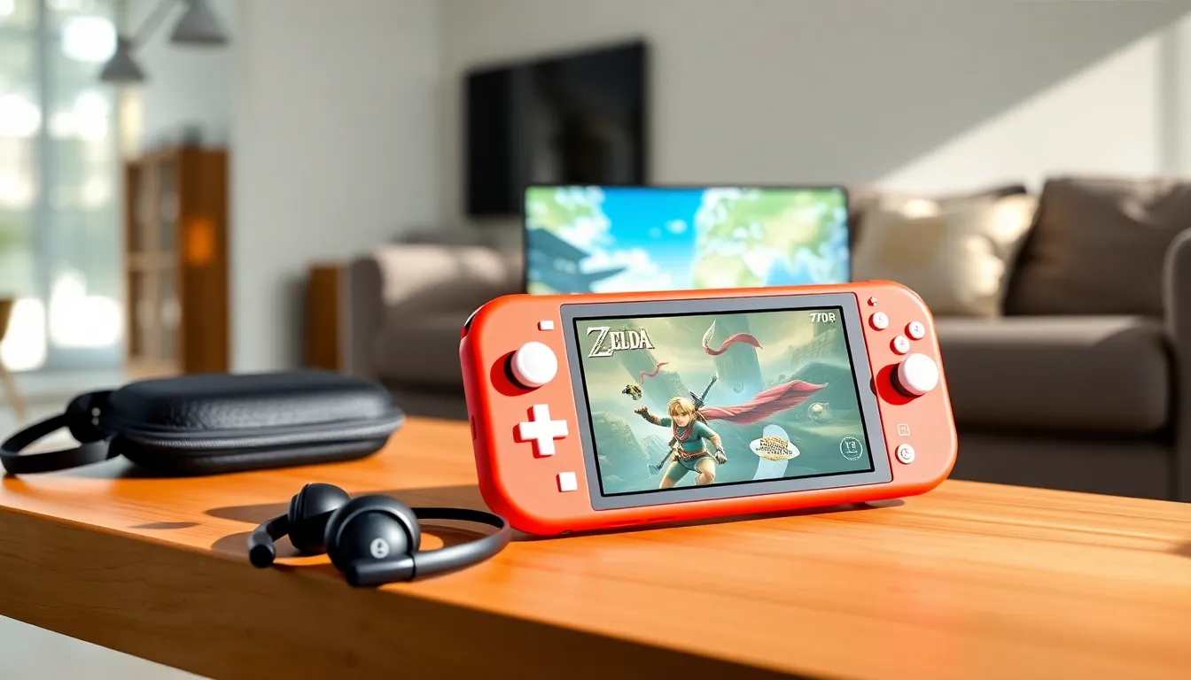 Nintendo Switch Lite displayed beside gaming accessories in a cozy living room.