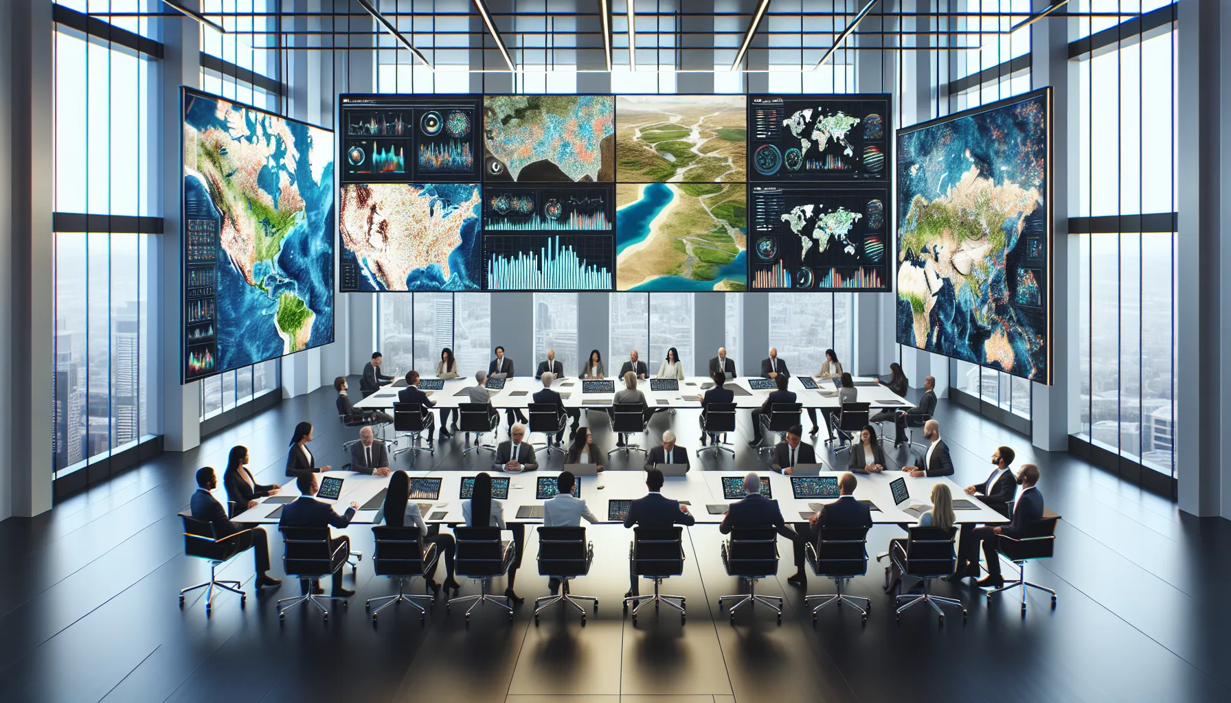 diverse team analyzing various types of maps in a modern workspace.