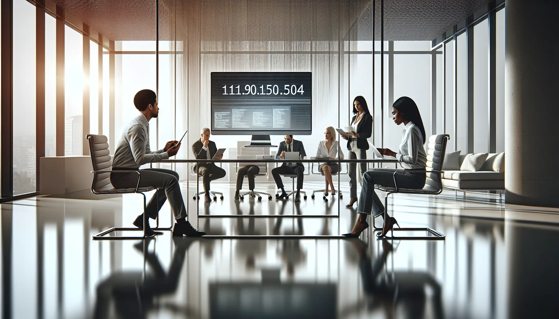 diverse IT team discussing IP addresses in a modern office.