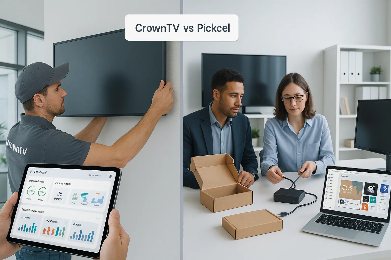 Split-screen comparing turnkey digital signage rollout versus DIY cloud CMS setup.