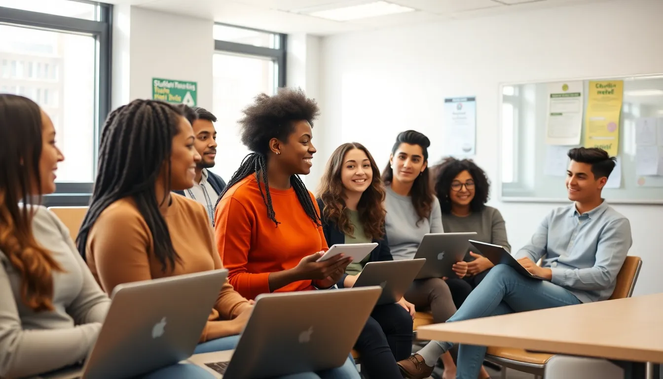 students providing feedback in a bright, modern classroom.