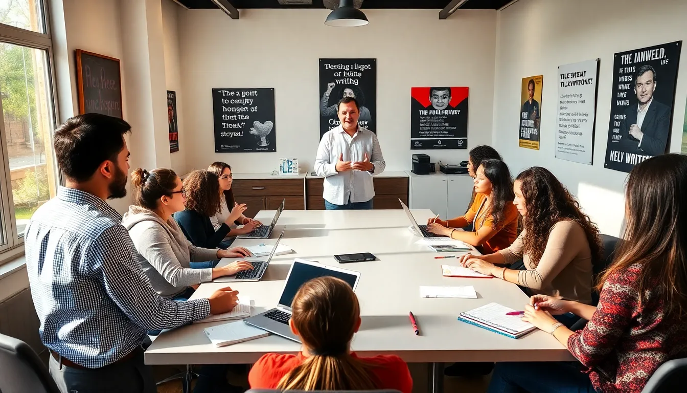 diverse students collaborating in a playwriting class in NYC.