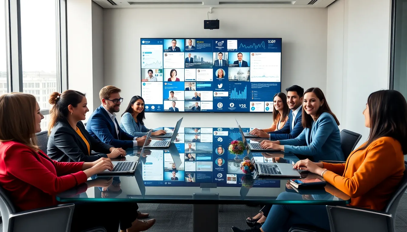 professionals in a modern office during a virtual meeting.