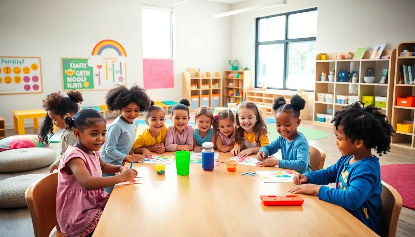 diverse children engaged in creative activities in a warm classroom.