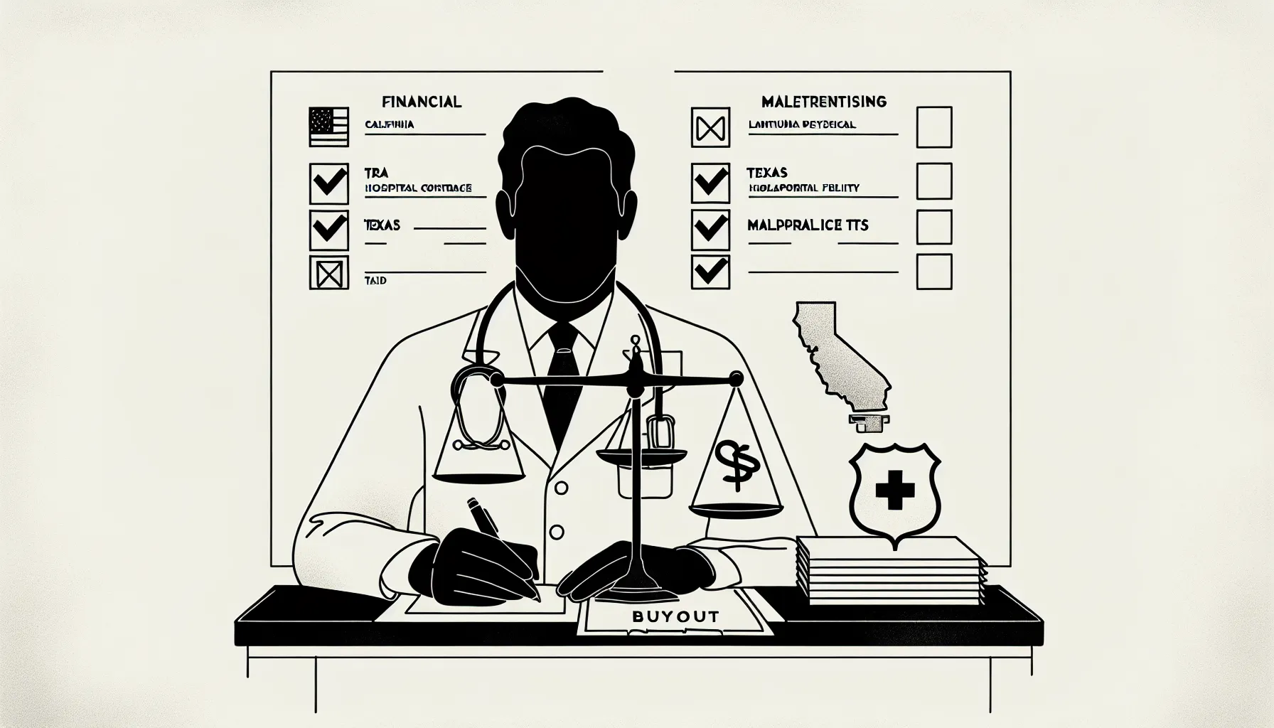 Physician at desk weighing contract, NPV documents, malpractice shield, and state icons.
