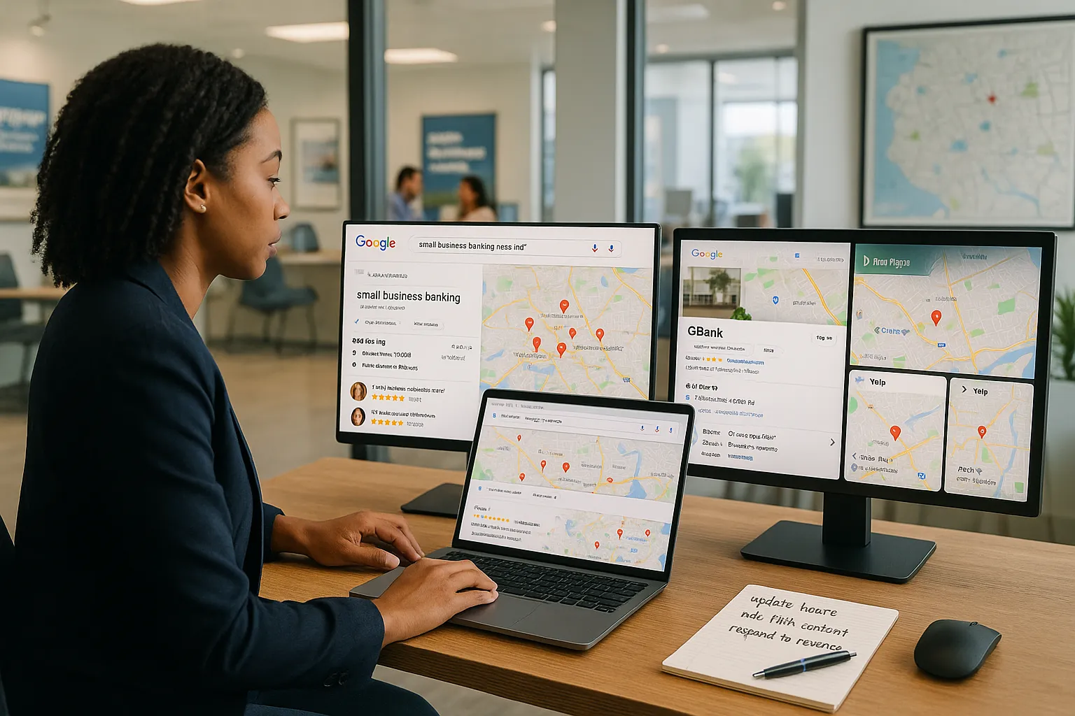 Bank marketer optimizes local branch listings on multiple map and review screens.