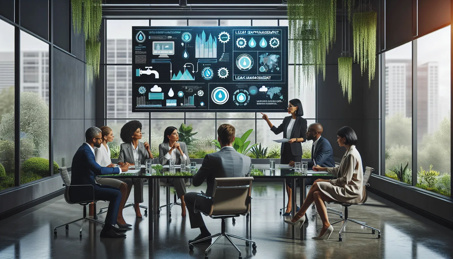 team discussing water conservation strategies in a modern office.