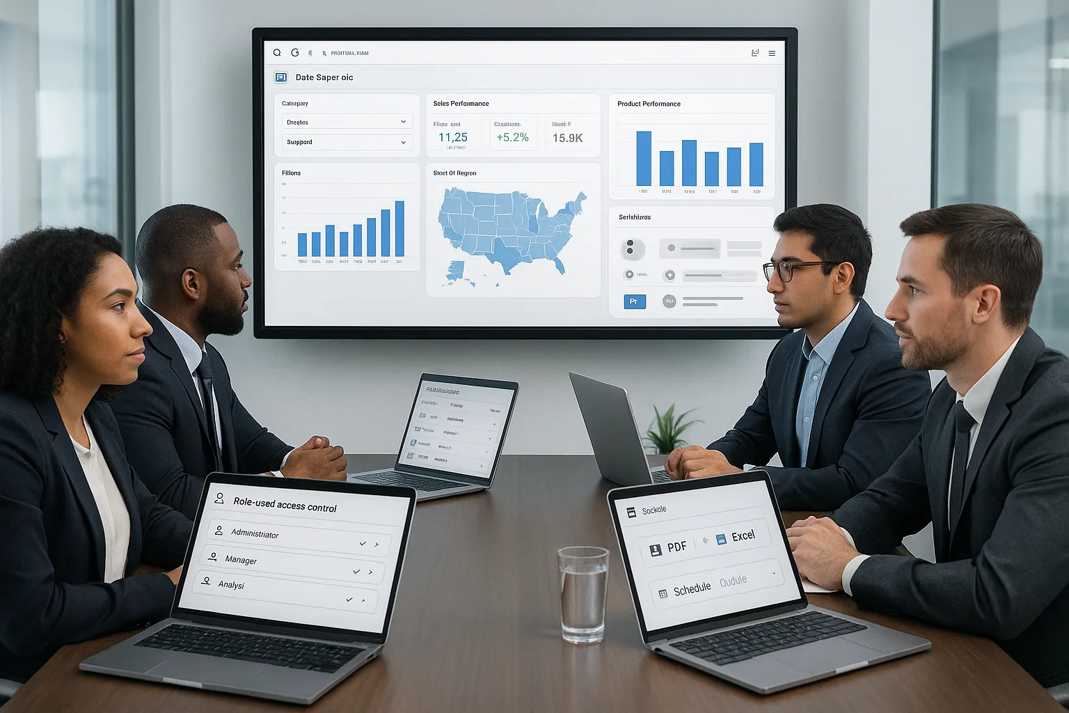 Professionals reviewing browser-based BI dashboards in a modern office.
